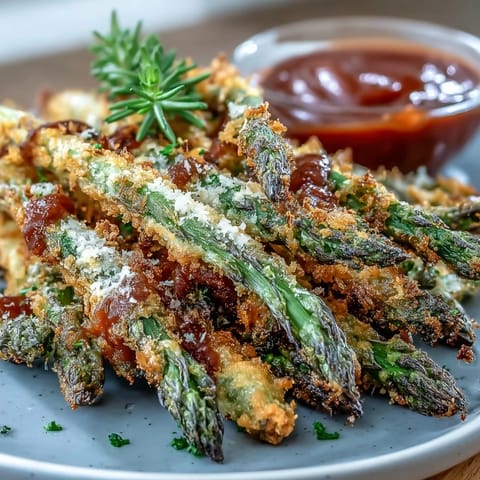 Crispy chili-garlic asparagus fries baked golden with a crunchy panko coating and served with zesty sriracha mayo dip.  