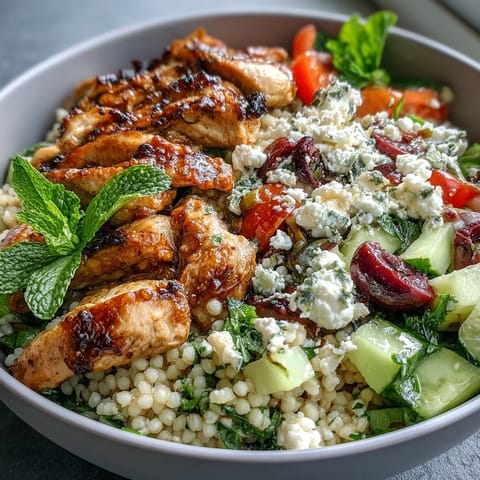 Vibrant bowl of pearl couscous salad topped with juicy Greek lemon-oregano chicken and crumbled feta cheese.  