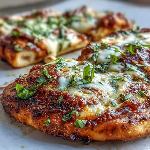 Flavorful Garlic Naan Margherita Pizzas baked until bubbly, topped with aromatic garlic butter and vibrant basil leaves.  