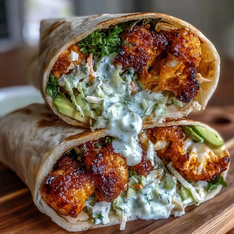 Spicy baked cauliflower florets tossed in tangy buffalo sauce, layered with crunchy cabbage slaw in a hearty vegan wrap.  