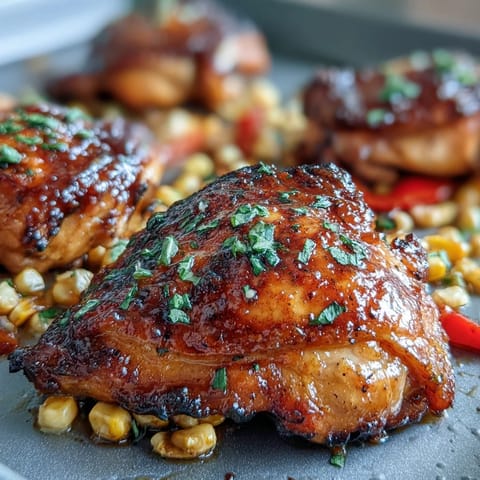 Sheet Pan BBQ Chicken with Corn on the Cob and Peppers: Tender, bone-in chicken with caramelized BBQ glaze served with roasted corn and bell peppers for a complete, easy weeknight dinner.