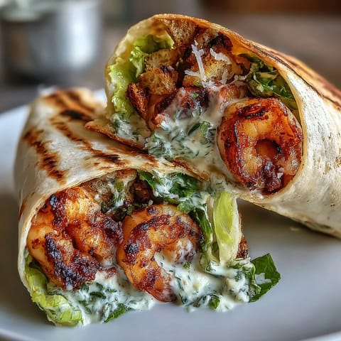 Grilled shrimp Caesar wraps with crunchy romaine lettuce and creamy dressing in soft tortillas.  