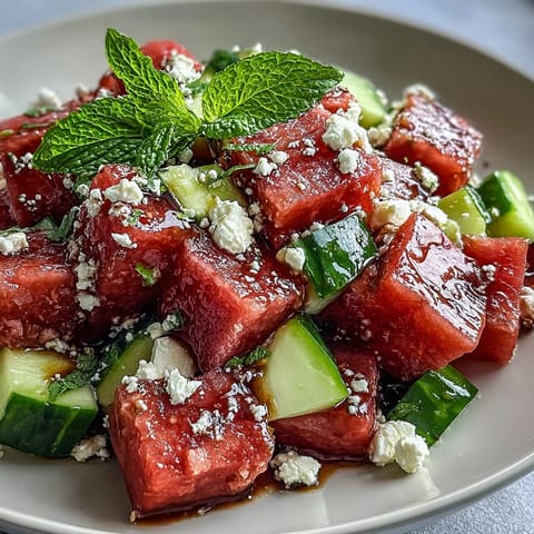 Vibrant watermelon feta cucumber salad with balsamic glaze, perfect for summer BBQs and picnics.  