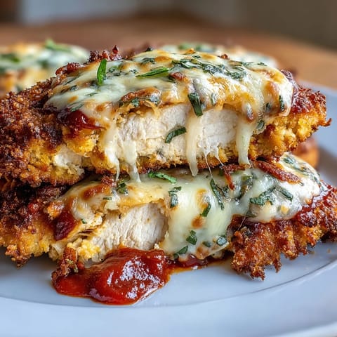 Low-carb chicken Parmesan with almond flour coating, baked to perfection and smothered in sugar-free marinara and melted mozzarella.  