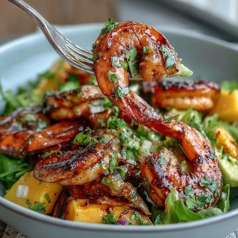 Vibrant grilled shrimp and mango avocado salad with chili-lime vinaigrette, featuring succulent shrimp, juicy mango, creamy avocado, and crisp greens.  