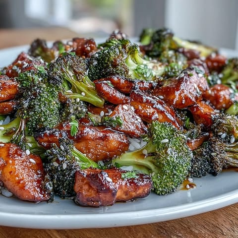 A colorful sheet pan meal with juicy teriyaki chicken, crisp broccoli, and fluffy brown rice for an easy dinner.  