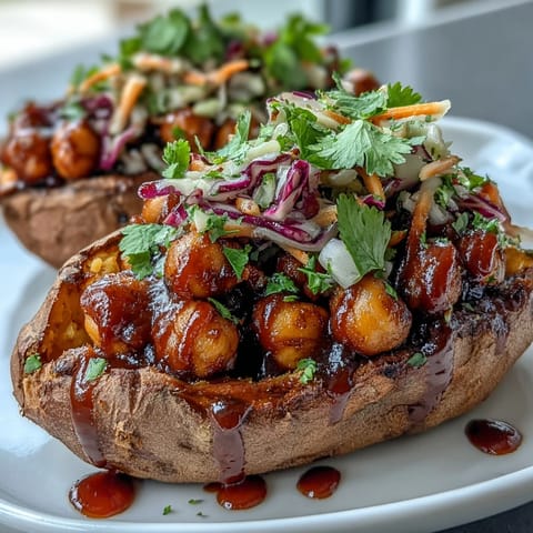 A close-up of tender roasted sweet potatoes stuffed with smoky BBQ chickpeas and topped with crunchy red cabbage slaw for a vibrant vegan main dish.