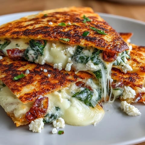 Golden crispy quesadilla filled with sautéed spinach, tangy feta, and melted mozzarella for a Mediterranean-inspired vegetarian meal.  