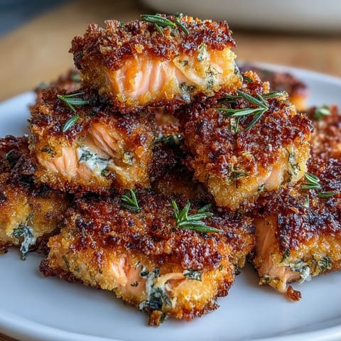 Crispy panko-crusted salmon bites baked golden and served with lemon wedges for a flavorful appetizer.  