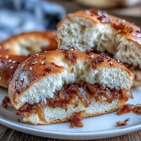 Chewy sourdough bagels topped with golden sautéed onions, perfect for breakfast or sandwiches.  