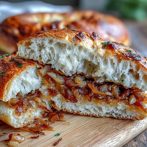 Fluffy homemade bagels with a tangy sourdough base and sweet caramelized onion topping.  