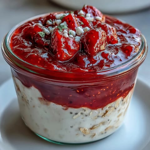 Layered overnight oats with fresh strawberry chia jam and sliced berries, a perfect make-ahead morning meal.  