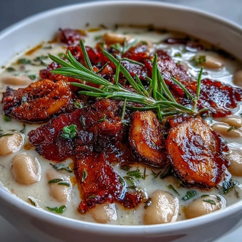 Velvety bean soup simmered with smoky bacon and aromatic rosemary, perfect for cold weather comfort.  