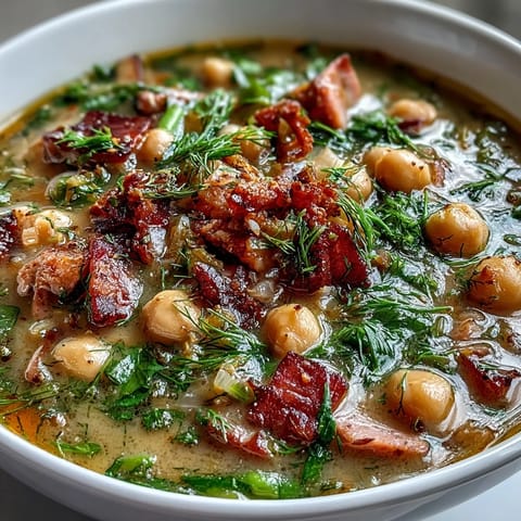 A comforting bowl of ham and chickpea soup with fresh dill, brightened by lemon zest and tender vegetables.  