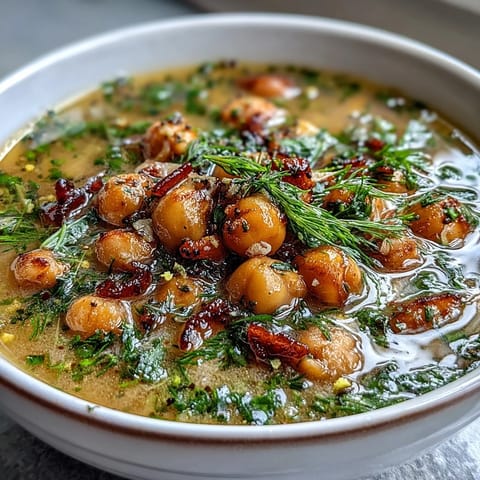 Hearty ham and chickpea soup with zesty lemon, fragrant dill, and colorful carrots simmering in a savory broth.  