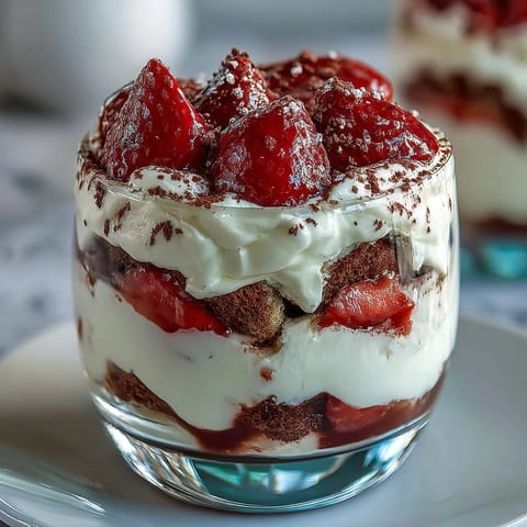 Layered strawberry tiramisu cups with mascarpone cream, coffee-soaked ladyfingers, and fresh berries in elegant glass servings.