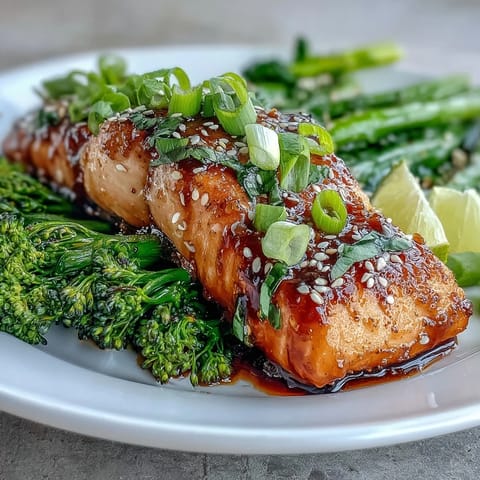 Golden-brown oven-roasted salmon topped with a glossy honey-soy glaze, paired with vibrant broccoli tossed in fragrant sesame oil and seeds.  