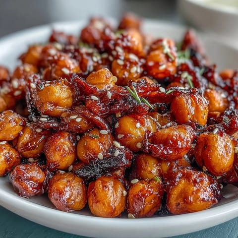 A vibrant bowl of chili garlic crispy chickpeas served over fluffy jasmine rice with sesame seeds and scallions.  