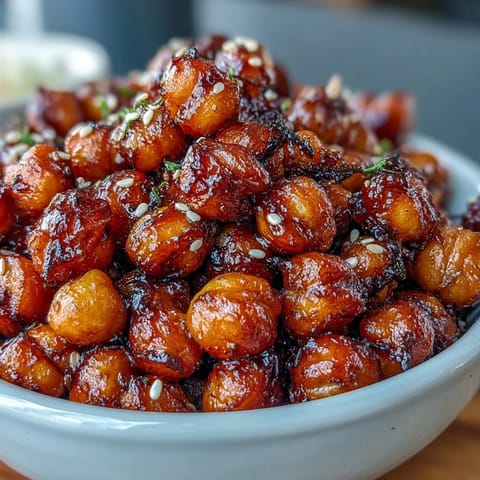Spicy roasted chickpeas in chili-garlic sauce atop fragrant jasmine rice, garnished with fresh cilantro and lime wedges.  