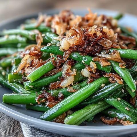 Crispy sesame garlic green beans topped with golden fried onions for a savory, crunchy side dish.