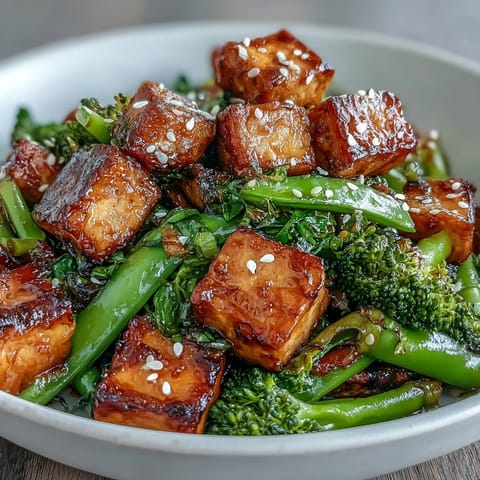 A colorful plate of teriyaki tofu stir-fry with broccoli and snap peas, glistening in savory sauce and served over fluffy rice.