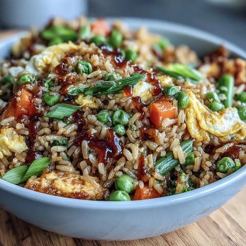 Healthy, colorful fried rice loaded with spring peas, carrots, and green onions, perfect for a quick vegetarian meal.  