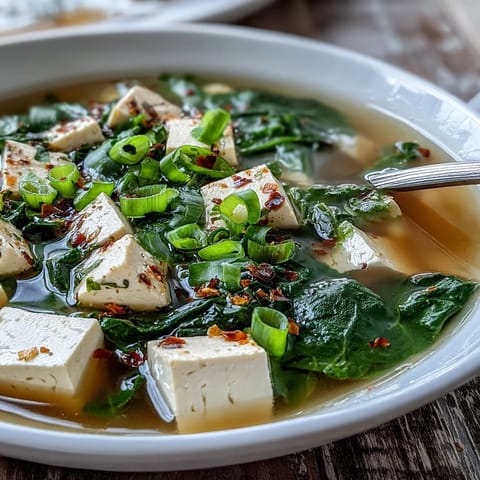 A warm bowl of miso soup with silky tofu, fresh spinach, and green onions in a savory broth, perfect for a light meal.  