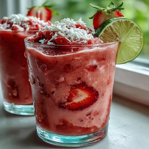 A vibrant glass of Strawberry Coconut Daiquiri Smoothie garnished with fresh strawberry slices and shredded coconut.  
