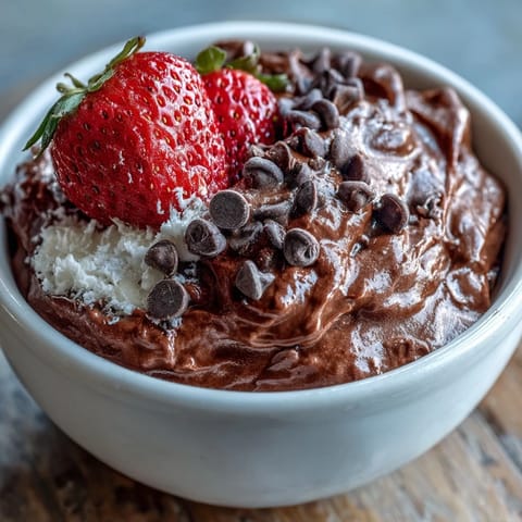 Creamy cottage cheese brownie batter dip with mini chocolate chips, served with colorful fresh fruit dippers.  