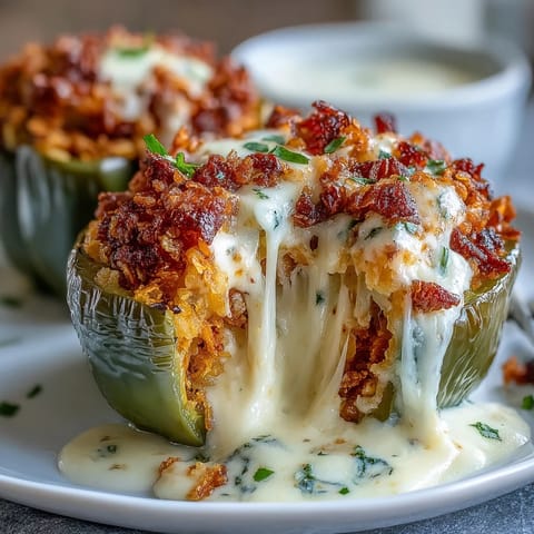 Funeral potatoes stuffed bell peppers with golden cornflake topping in a baking dish, showcasing creamy cheese filling and tender roasted peppers.  