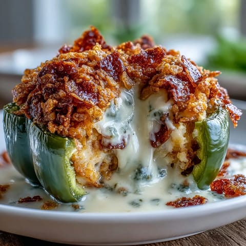Cheesy funeral potatoes filling generously spooned into colorful bell peppers, baked until bubbly with a crunchy cornflake crust.  