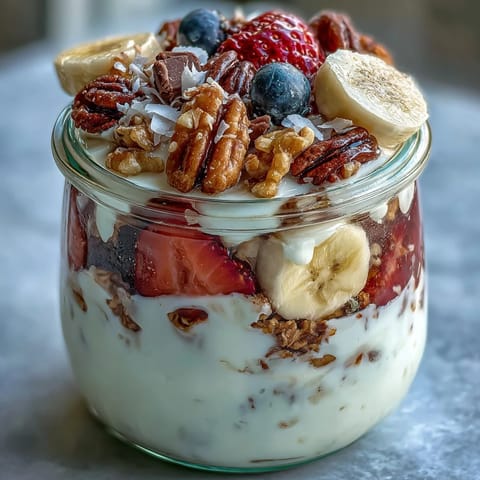 Fluffy Yogurt Banana Split Breakfast Jar with creamy Greek yogurt, fresh berries, granola, and chocolate chips in a layered parfait jar.