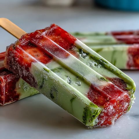 Creamy strawberry matcha latte popsicles with vibrant red and green layers in popsicle molds.  