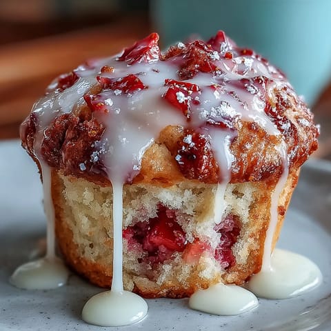 A tray of golden strawberry muffins topped with a glossy lemon glaze, bursting with juicy fruit in every bite.