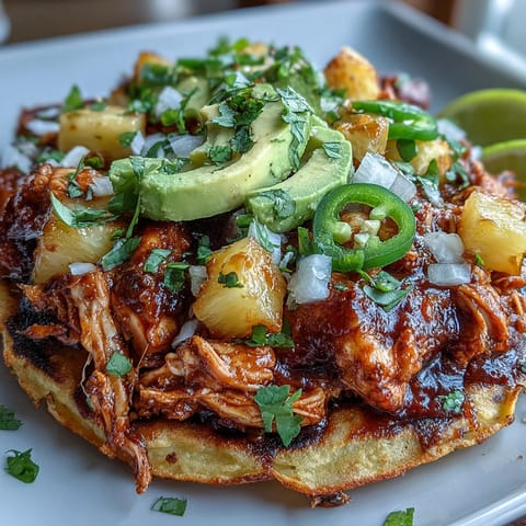 Crispy tostadas layered with shredded chicken, zesty pineapple salsa, and creamy avocado slices for a fresh and vibrant meal.