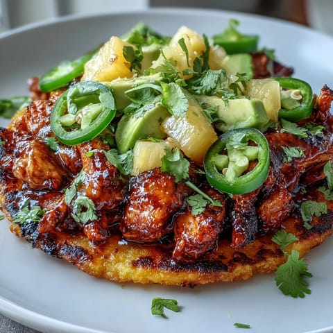 Bright and colorful tostadas topped with juicy chicken, homemade pineapple salsa, and fresh avocado for a delicious Mexican-inspired dish.