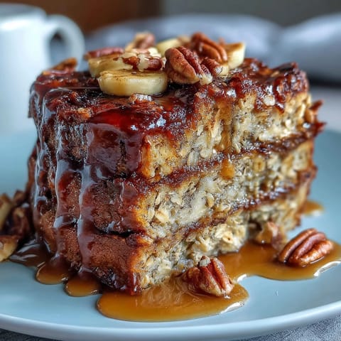 High-protein banana bread baked oats with mashed bananas, eggs, and protein powder for a nourishing breakfast.