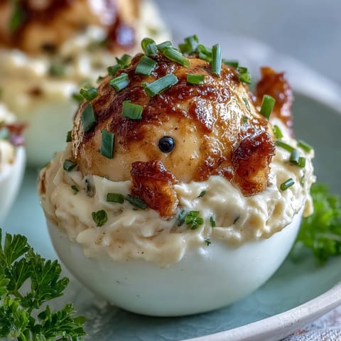 Adorable deviled egg chicks with carrot beaks and black peppercorn eyes, perfect for Easter appetizers.