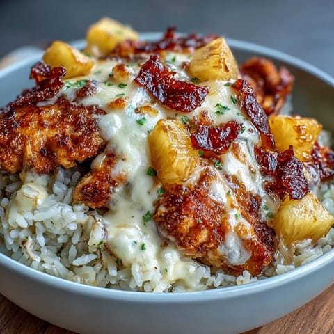 Golden pineapple chicken and rice casserole with melted cheese topping, baked to perfection.