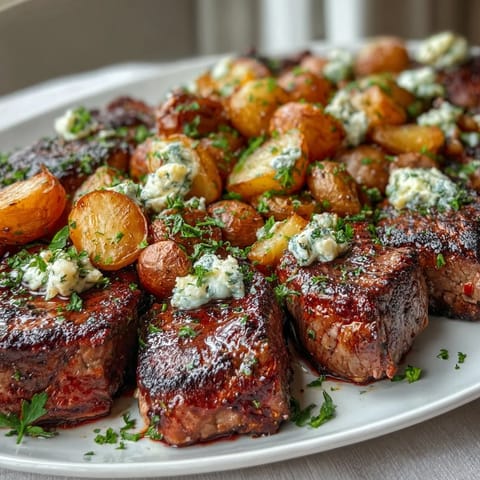 Garlic Butter Steak Bites and Potatoes sizzling in a skillet, tender steak and golden potatoes coated in rich garlic butter.