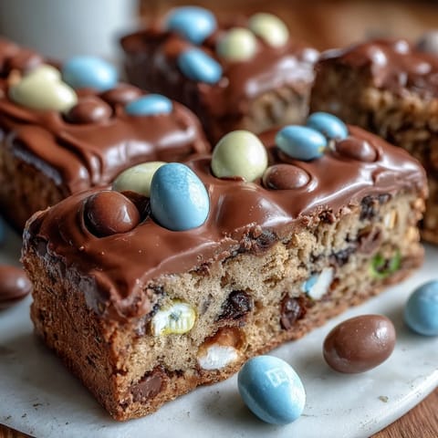 Golden-baked cookie bars studded with crunchy Cadbury eggs and colorful M&Ms, ideal for spring gatherings.  