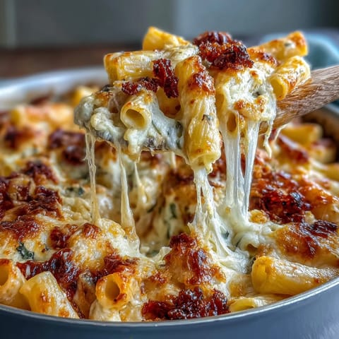 One-pot cheesy pasta bake with bubbling mozzarella and golden Parmesan crust, baked to perfection in a cozy Dutch oven.