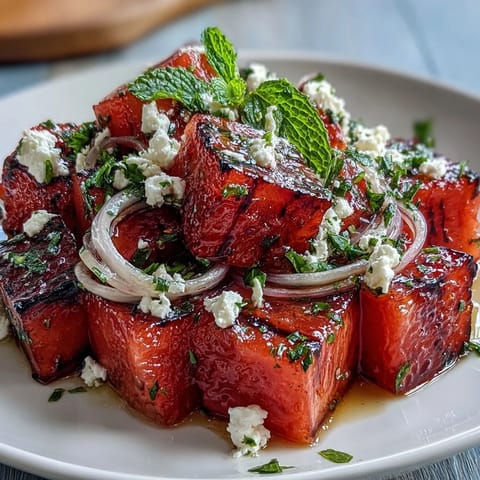 A vibrant summer salad of grilled watermelon, feta, and mint, drizzled with balsamic glaze.