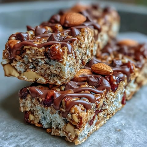 A stack of chewy no-bake granola energy bars loaded with oats, nuts, and dried fruit for a healthy snack.
