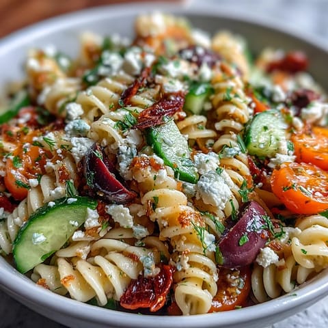 Summer Pasta Salad: Greek Style with Olives and Feta, bursting with juicy tomatoes, crisp cucumbers, and creamy feta in a tangy herb dressing.