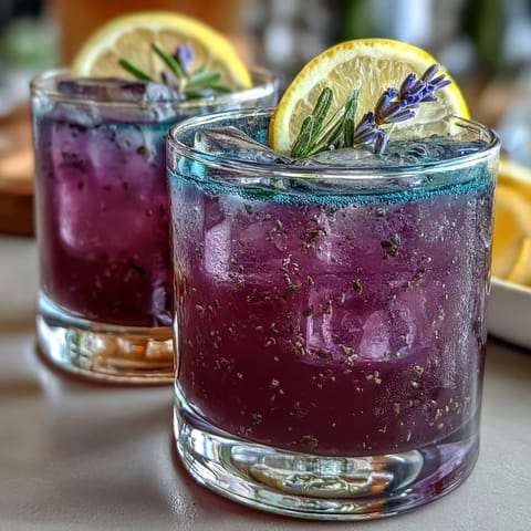 A refreshing purple lemonade with lavender, citrus, and a vibrant hue, perfect for summer sipping.
