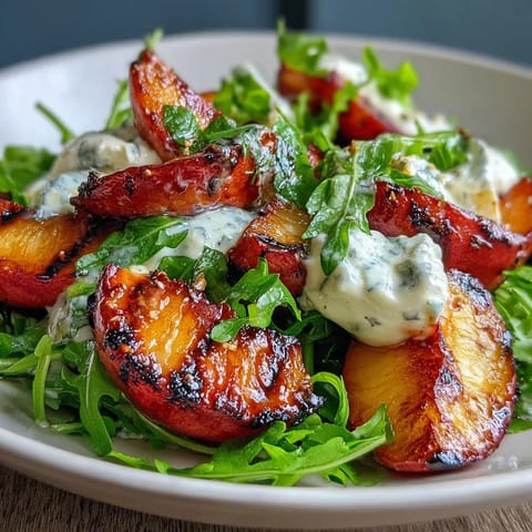 Grilled Peach and Burrata Salad with Honey: caramelized peaches paired with creamy burrata, fresh greens, and a drizzle of golden honey.  