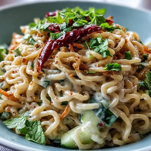 Cold Sesame Noodle Bowl with Cucumber: chilled noodles in creamy sesame sauce with crisp cucumber, carrots, and herbs.
