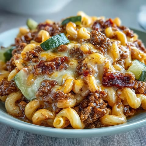 Golden-brown ground beef simmering with onions, garlic, tomatoes, and pickles in a rich, cheesy tomato sauce in a large skillet.