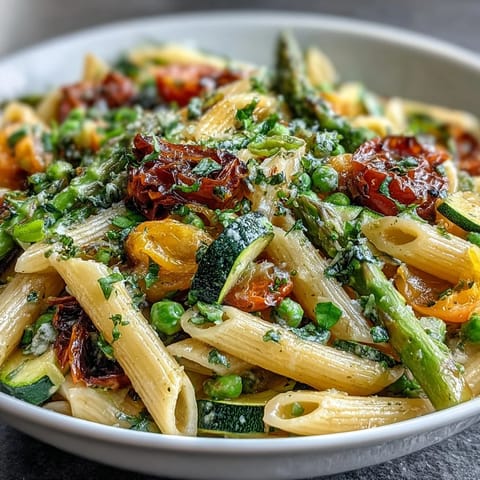 Spring Pasta Primavera with Fresh Veggies served on a white plate with colorful seasonal vegetables and herbs.